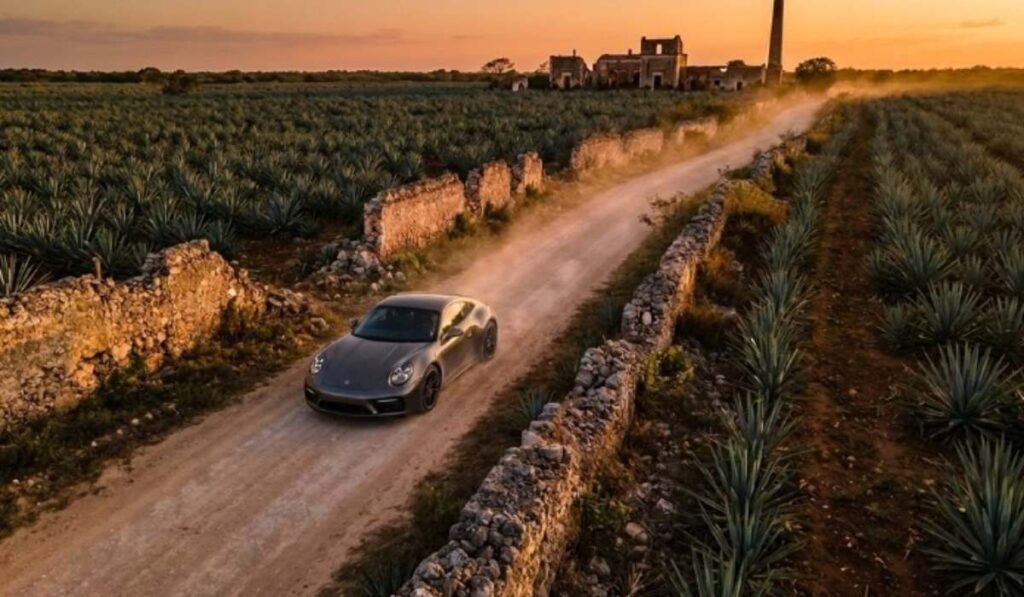 Porsche clásico de color gris avanzando por un camino de tierra entre campos de henequén rumbo a una antigua hacienda en Yucatán durante el Rally de las Haciendas.