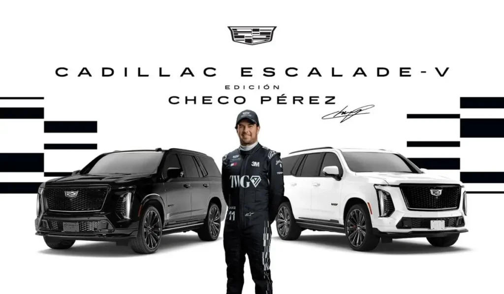 El piloto Sergio Checo Pérez junto a las dos unidades en color negro y blanco de la Cadillac Escalade-V Edición Checo Pérez.