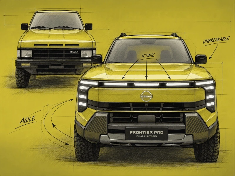 Boceto conceptual comparativo entre la clásica Nissan D21 y la nueva Nissan Frontier PRO PHEV resaltando los pilares Unbreakable, Iconic y Agile.