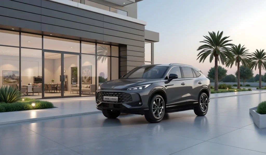 Vehículo híbrido de MG Motor con tecnología Hybrid+ estacionado frente a una residencia moderna.