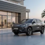 Vehículo híbrido de MG Motor con tecnología Hybrid+ estacionado frente a una residencia moderna.