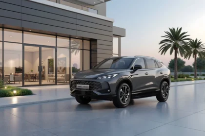 Vehículo híbrido de MG Motor con tecnología Hybrid+ estacionado frente a una residencia moderna.