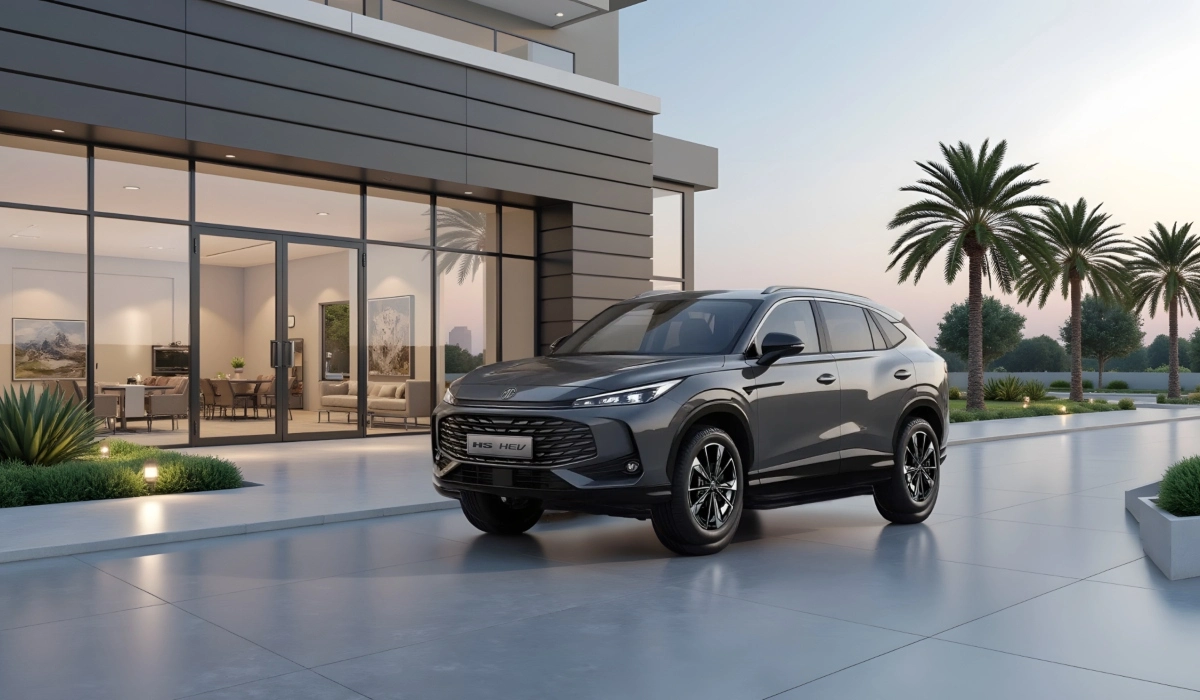 Vehículo híbrido de MG Motor con tecnología Hybrid+ estacionado frente a una residencia moderna.