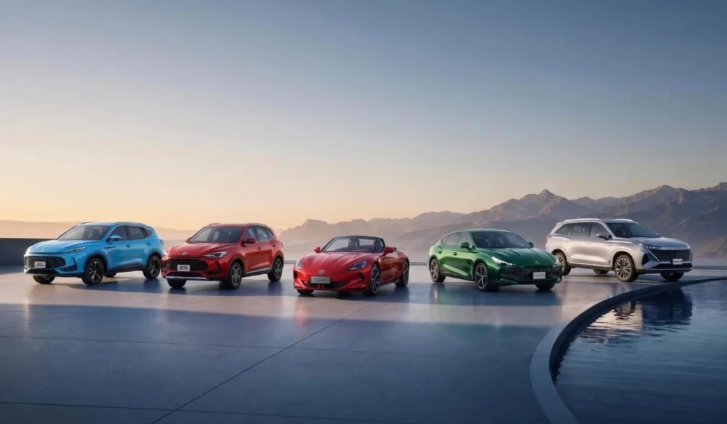 Gama completa de vehículos MG Motor en México alineados con montañas de fondo en celebración de su sexto aniversario.