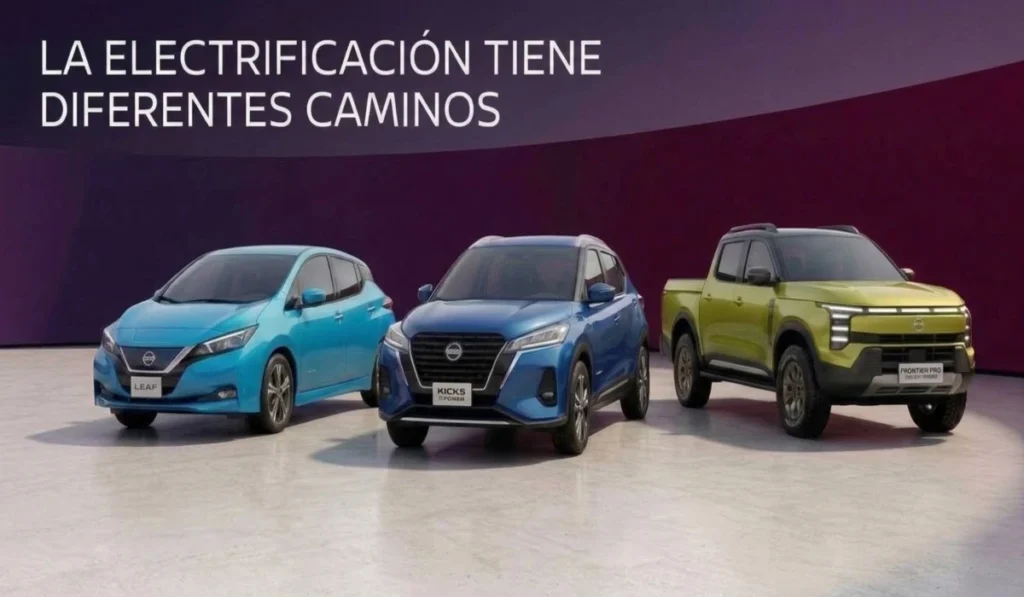 Gama de vehículos electrificados de Nissan para América Latina incluyendo LEAF, Kicks e-POWER y la pickup Frontier PRO PHEV.
