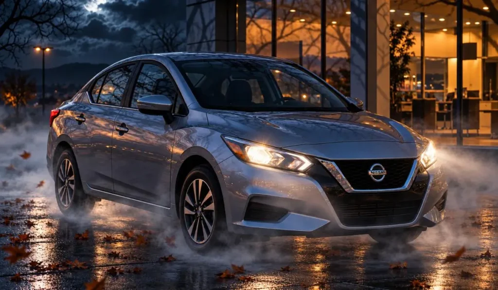 Sedán Nissan color gris estacionado frente a una agencia durante una noche de otoño con niebla y hojas secas en el suelo.