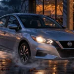 Sedán Nissan color gris estacionado frente a una agencia durante una noche de otoño con niebla y hojas secas en el suelo.
