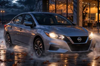 Sedán Nissan color gris estacionado frente a una agencia durante una noche de otoño con niebla y hojas secas en el suelo.