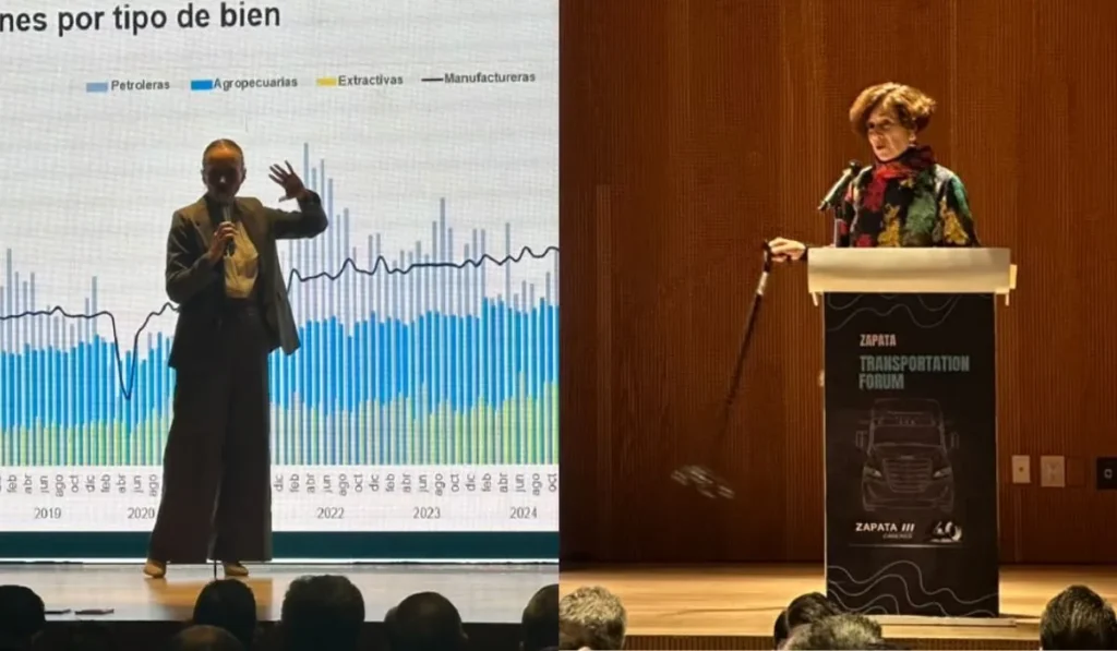 Valeria Moy y Denise Dresser presentando ponencias sobre economía, inversión y el T-MEC en el Transportation Forum de Grupo Zapata.